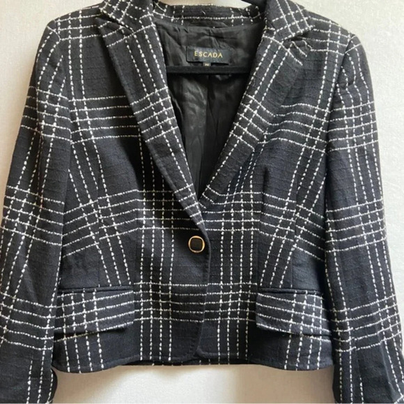Escada Bushra Virgin Wool Angora black white plaid one button blazer Sz 38 - Picture 4 of 11